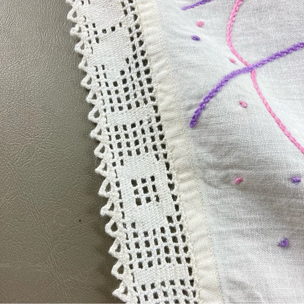 Vintage Hand Embroidered Linen & Lace Tablecloth Crinoline Ladies in Hoop Skirts